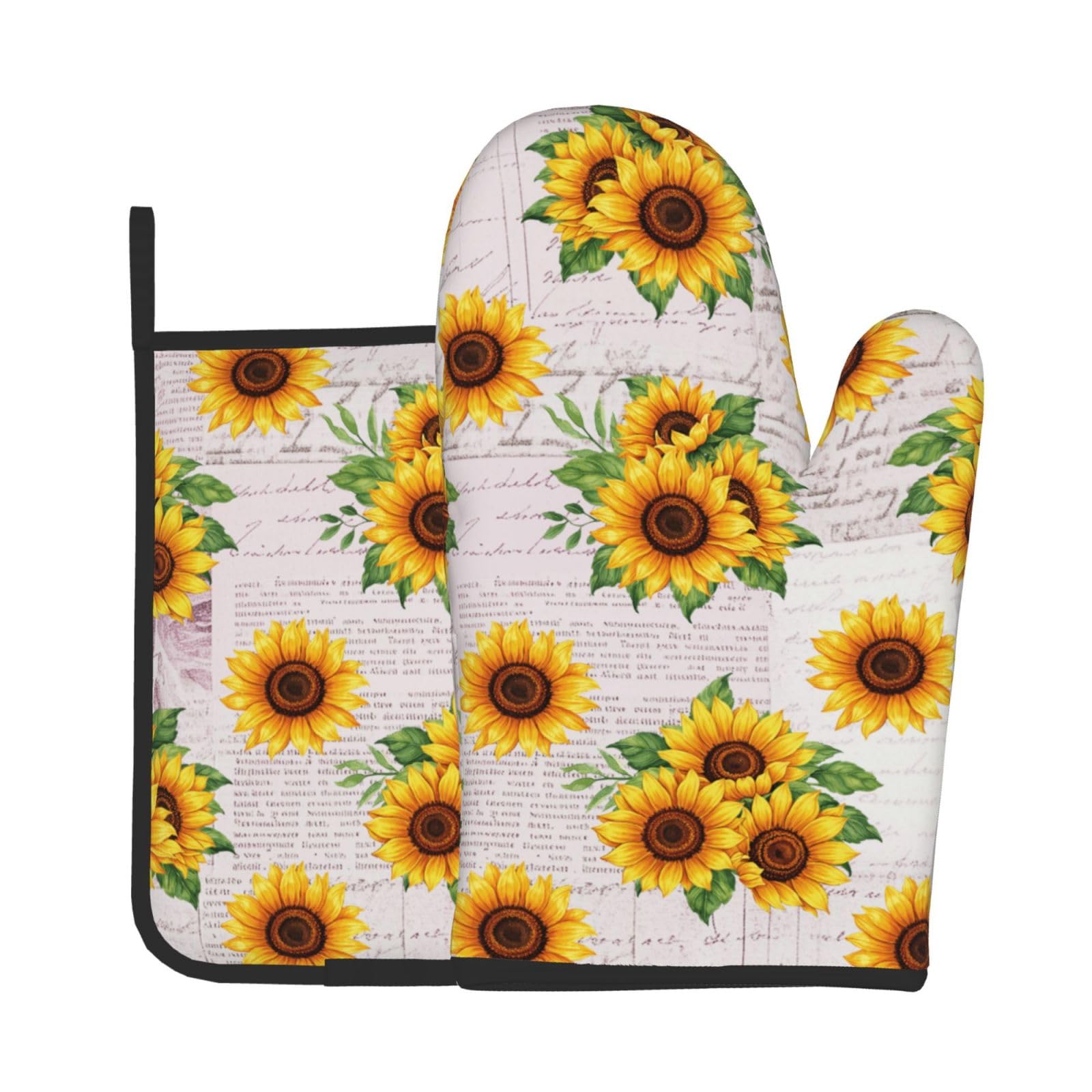 Sunflower Oven Mitts and Pot Holders Sets Summer Floral Oven Mitts Heat Resistant Rustic Farmhouse Postcard Flowers Kitchen Gloves Hot Pads Two Piece Set for Cooking Baking Grilling BBQ