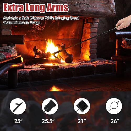 Miniatura 4 de Goplus Juego de herramientas para chimenea de 5 piezas, herramientas de chimenea de acero resistente con poco, pala, cepillo de palma resistente al