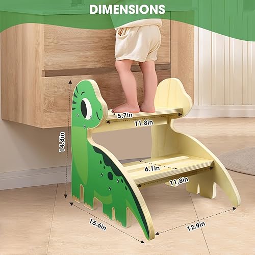 Miniatura 2 de Taburete para niños pequeños, taburete de madera de 2 escalones para niños pequeños con base antideslizante, bonito diseño impreso, taburete de
