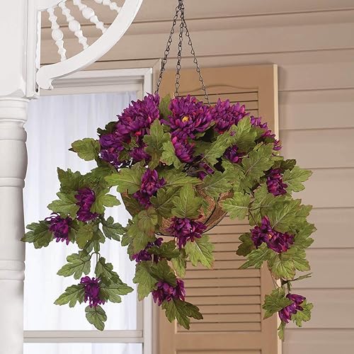 Miniatura 2 de OakRidge Cesta colgante de mamá artificial totalmente montada, morado, 10 pulgadas de diámetro con cadena de 18 pulgadas de largo, flores de