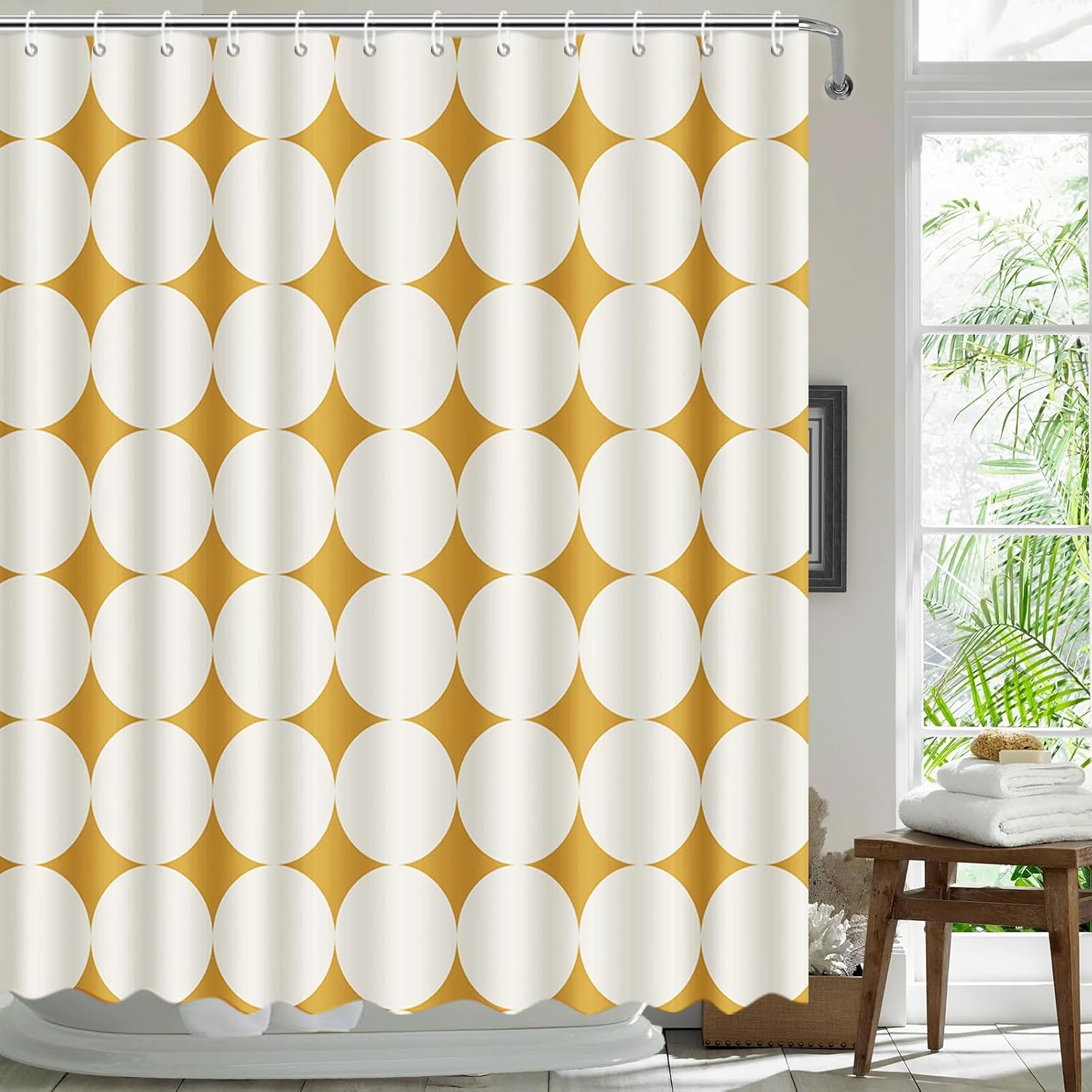 MEHOFOND Mid Century Shower Curtain Yellow Vintage Boho Bath Curtain | 100% Polyester Waterproof Fabric Shower Curtain, 12 Hooks 72x72 Inch, for Bathroom,Dorm, for Kids Adults, Washable