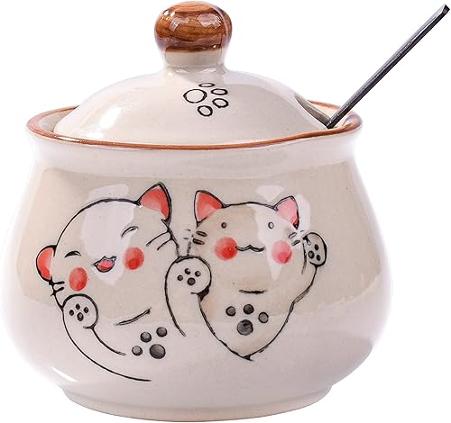 Azucarero de cerámica con tapa y cuchara, azucarero japonés con cuchara y tapa (estilo 2)