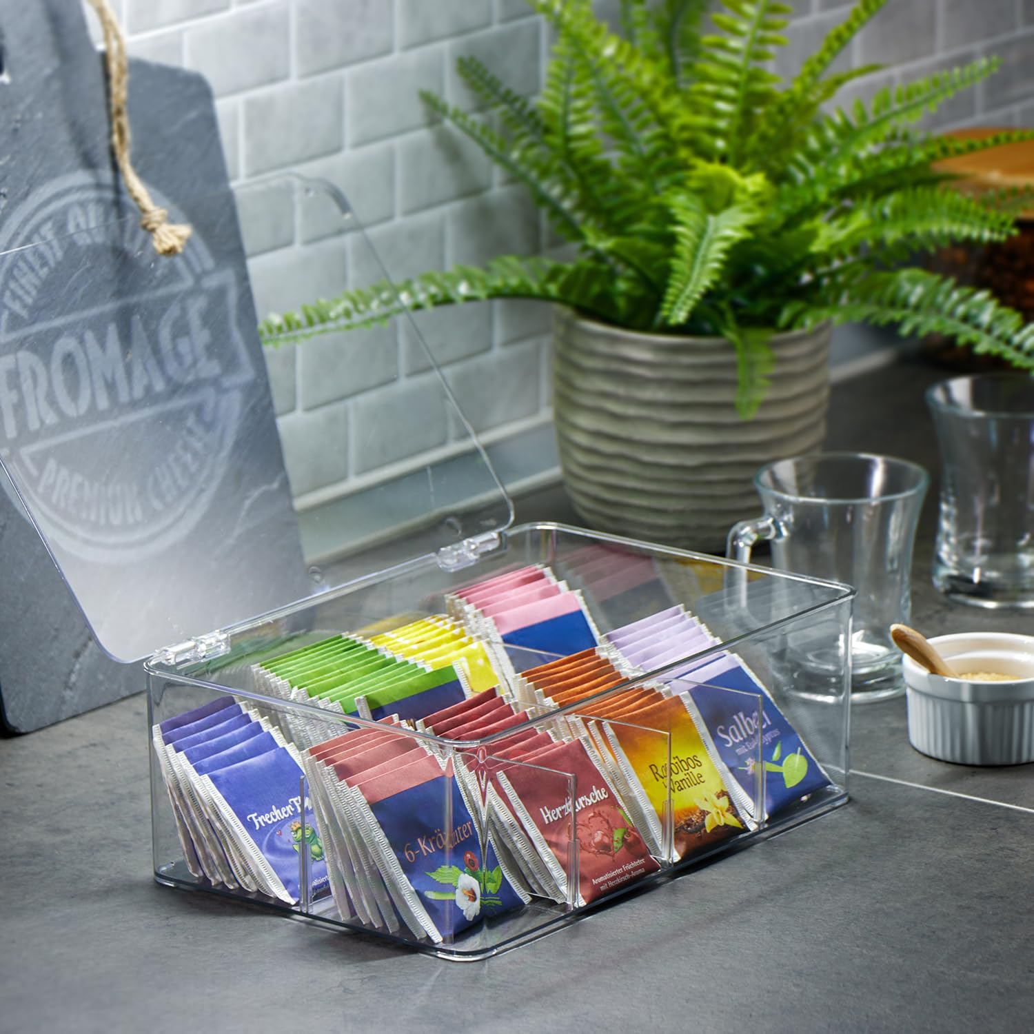 com-four® a herbate Premium z 8 przegródkami i pokrywka na zawiasach | pudelko na torebki herbaty, saszetki z kawa, skladniki do pieczenia - organizer na bizuterie
