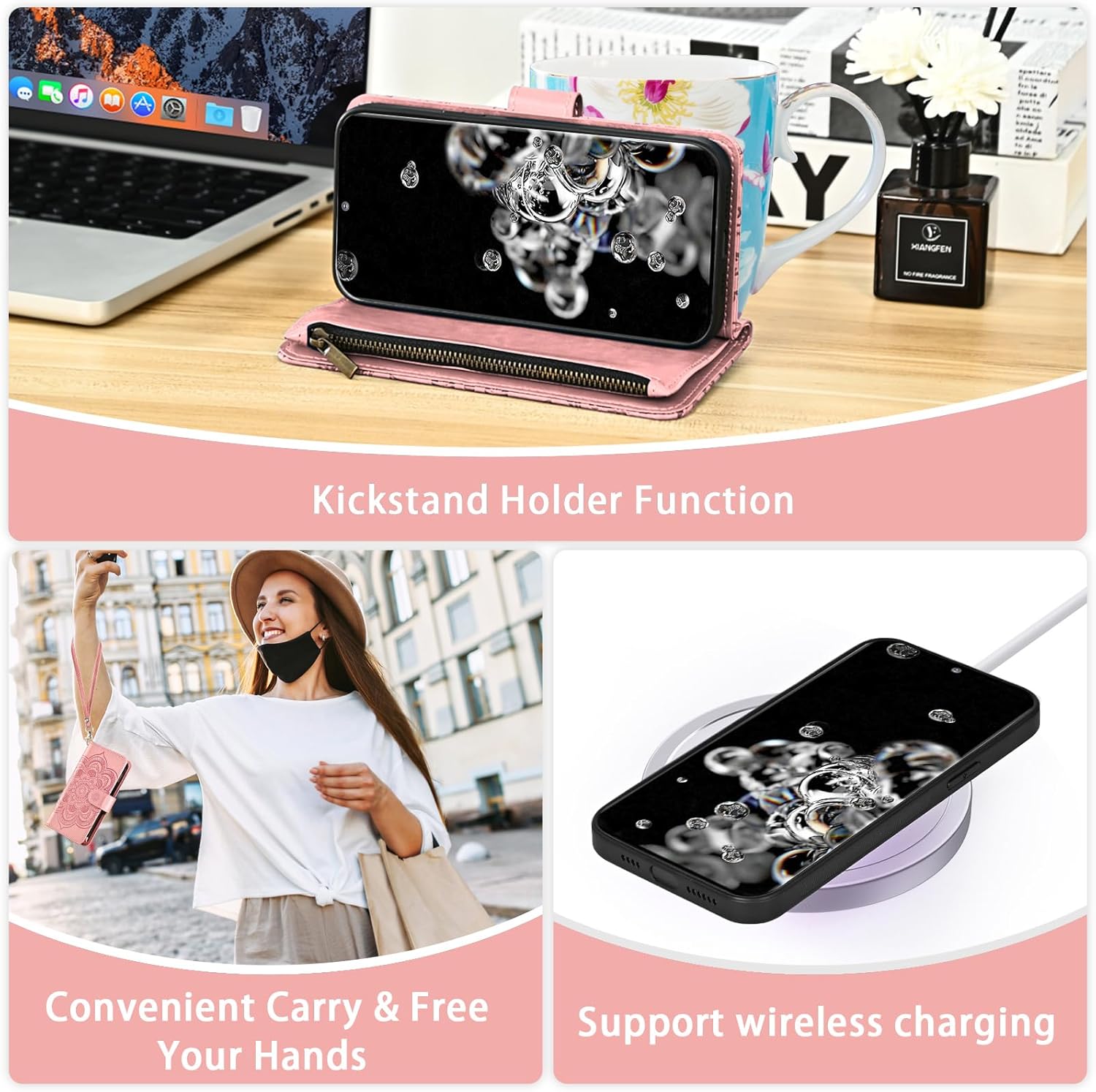Asuwish Phone Case for Samsung Galaxy S20 Ultra 5G Zipper Wallet Cell Cover with Tempered Glass Screen Protector Strap Flower Card Holder S20ultra 20S S 20 A20 S2O 20ultra G5 Women Men Girls Rose Gold