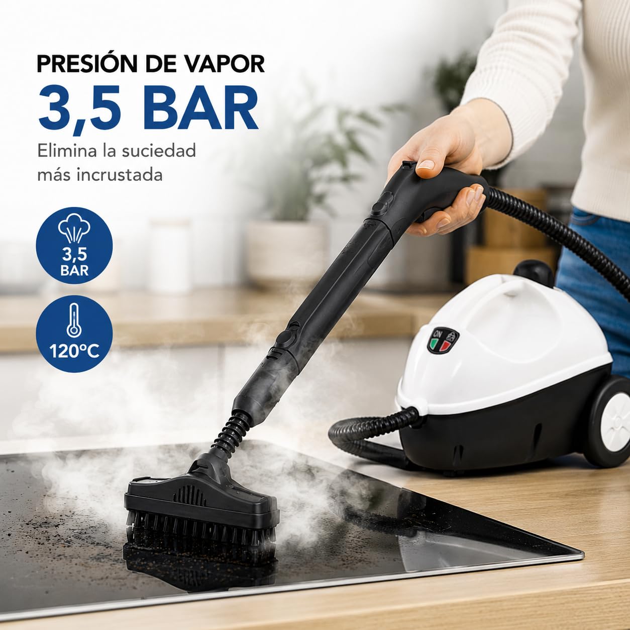 KUKEN Vaporeta Limpieza Hogar 1500W, Vaporeta De Mano Y Limpiador A Vapor Con 3,5 Bar, Depósito 1,2L, 20 Minutos De Vapor, 13 Accesorios, Cable 3 Metros, Limpia Y Desinfecta