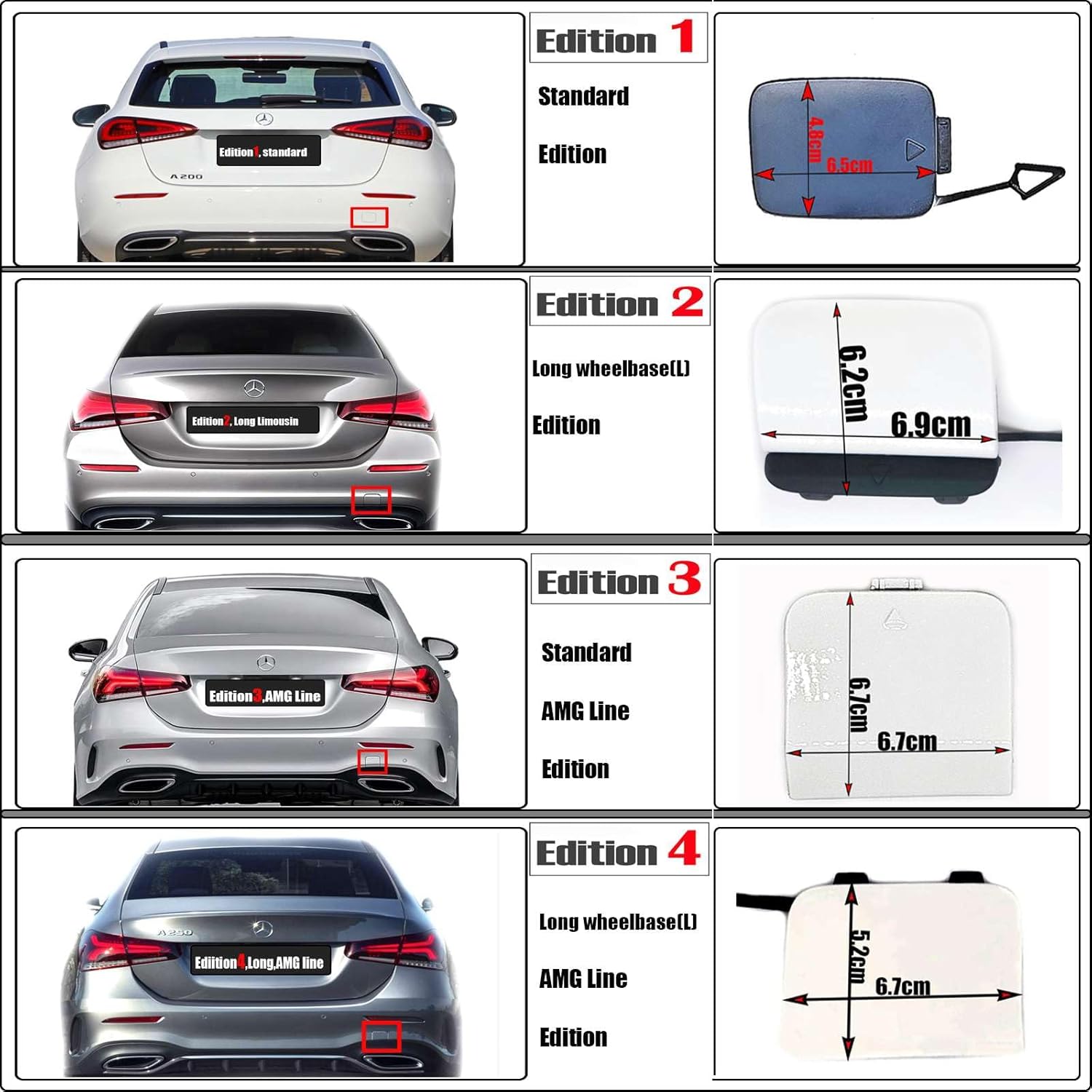 Rear Tow Cover for 19-21 Mercedes-Benz A Class W177 Z177 AMG Line Fit A160 A170 A180 A200 A220 A250 2019 2020 2021 Bumper Hook Eye Cap 1778850702 TYPE2