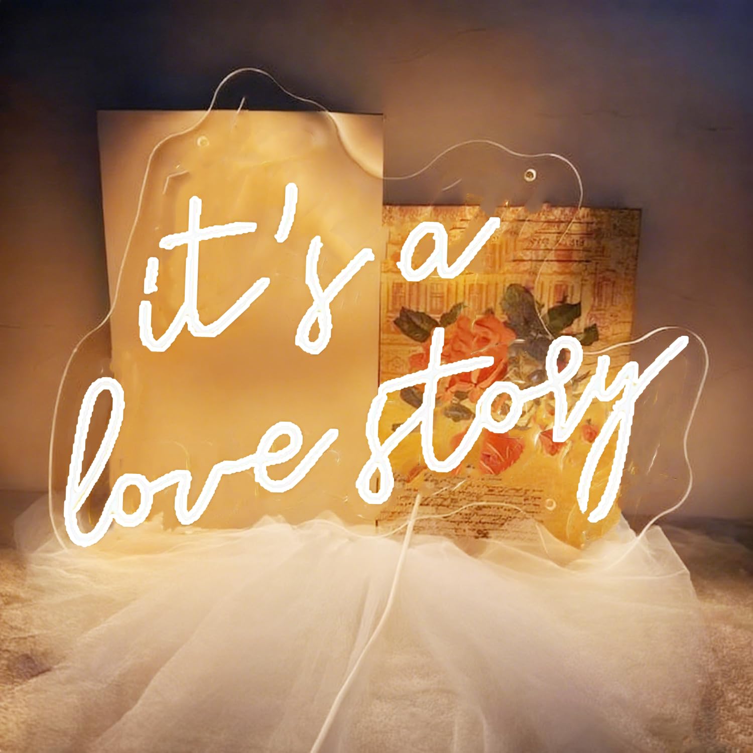 It's a Love Story Neon Schild, 16 x 11,8 Zoll Neon Hochzeitsschild mit Dimmschalter für Schminktisch Schlafzimmer Hochzeit Verlobung, Jahrestag, Valentinstag-Hintergrunddekoration (Warmweiß)