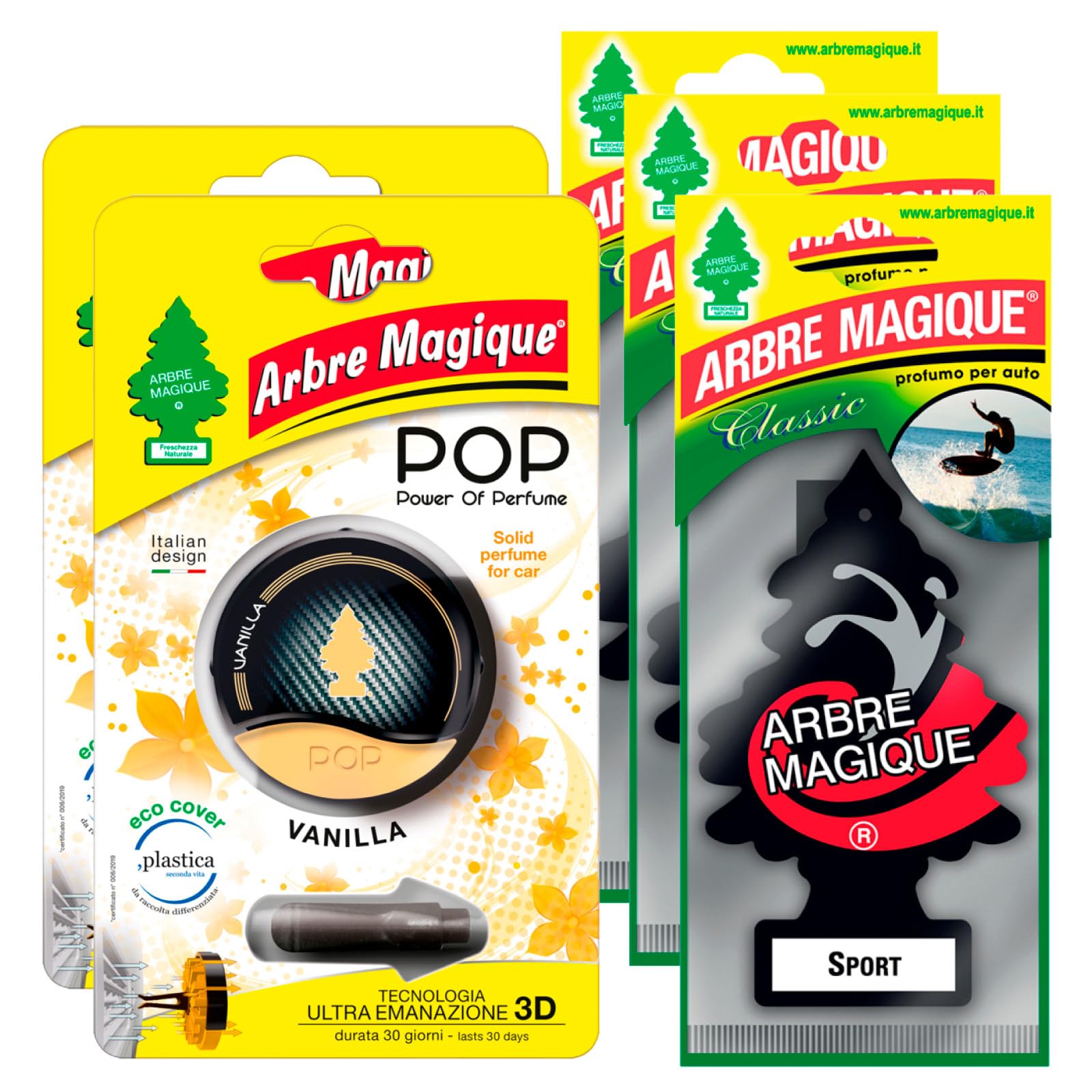 Arbre Magique POP, Profumatore Auto Solido, Confezione da 4 Pezzi Fragranza Exotic + Blue Velvet + Vanilla + Fresh Musk, Profumazione Delicata e