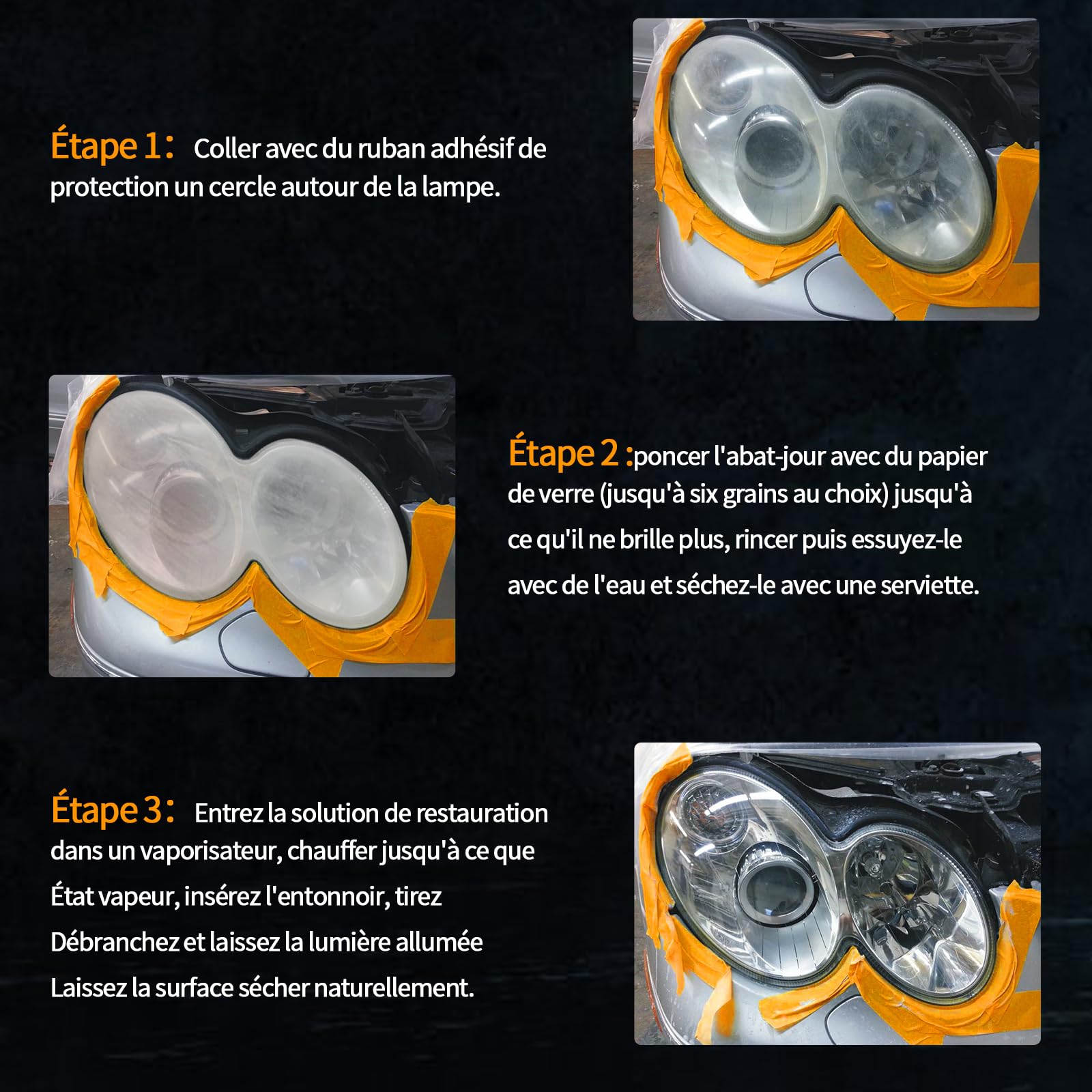 Kit Renovation Phare Voiture 1600g pour l'Oxydation et Les Rayures, Renovateur Phare Voiture avec 6 Feuilles de Papier Abrasif, Polymerisation Phare avec Boîte de Rangement et Chauffage