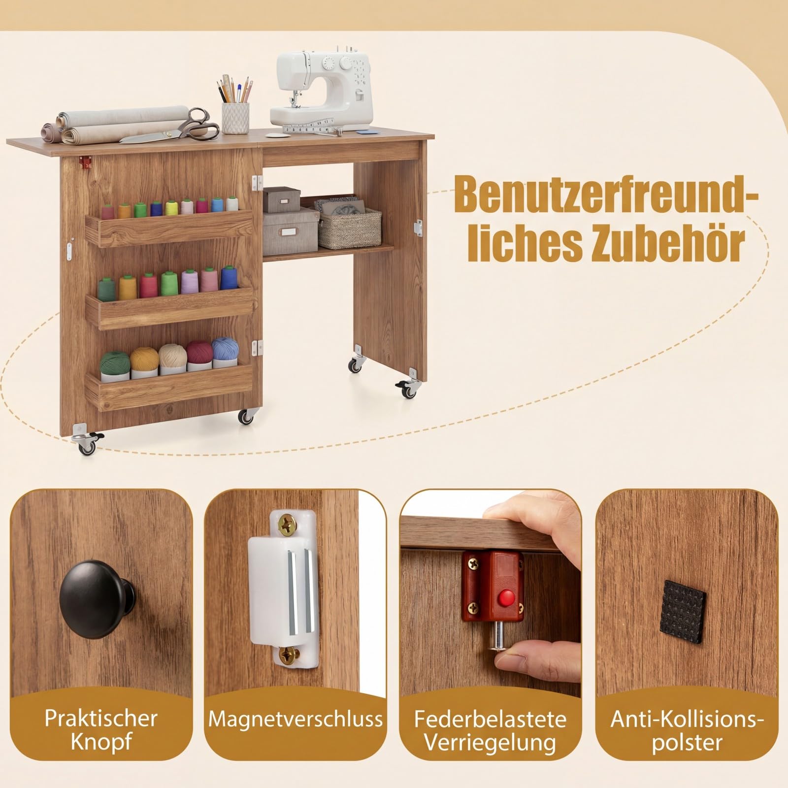 GIANTEX Nähtisch klappbar, Nähmaschinentisch auf Rollen, Nähtisch für Nähmaschine, Nähschrank Holz, Mehrzwecktisch für Wohnzimmer Arbeitszimmer Schlafzimmer (Eiche)