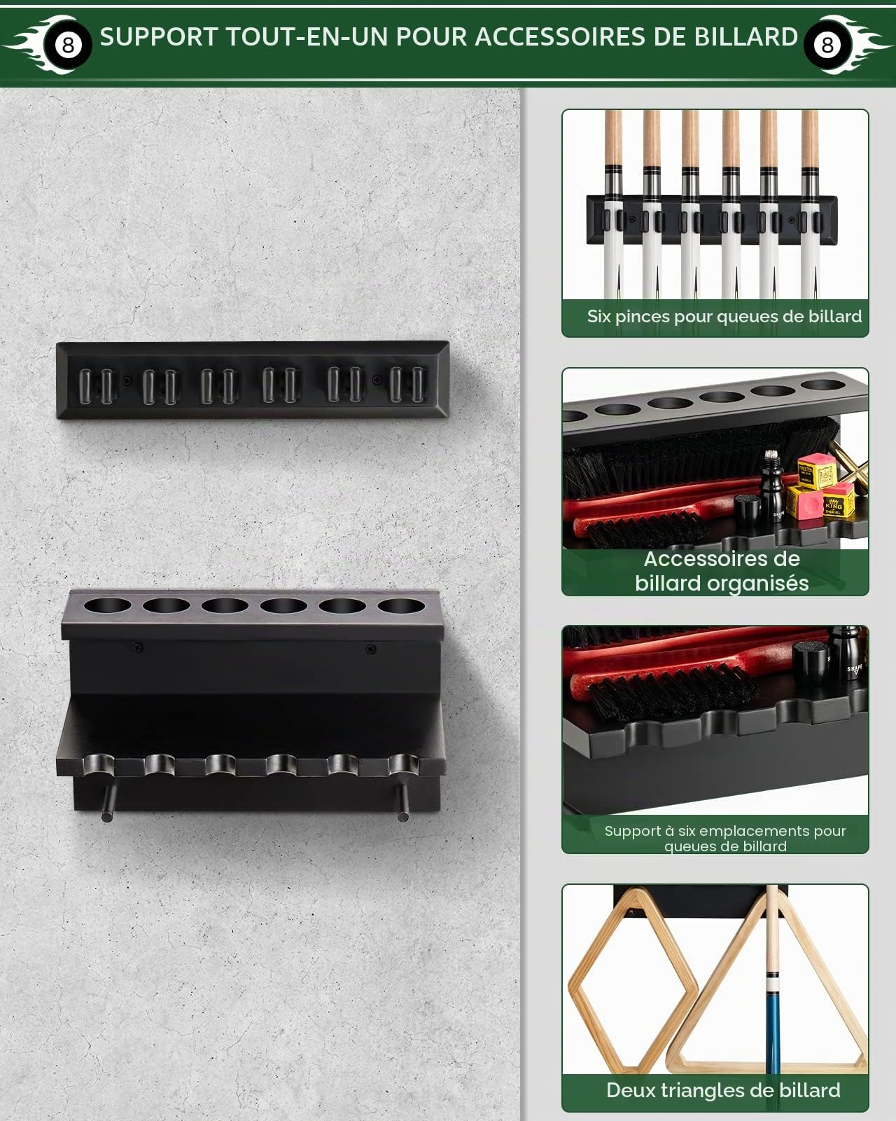 Support mural pour queues de billard en bois dur 6 queues accessoires table billard organisateur