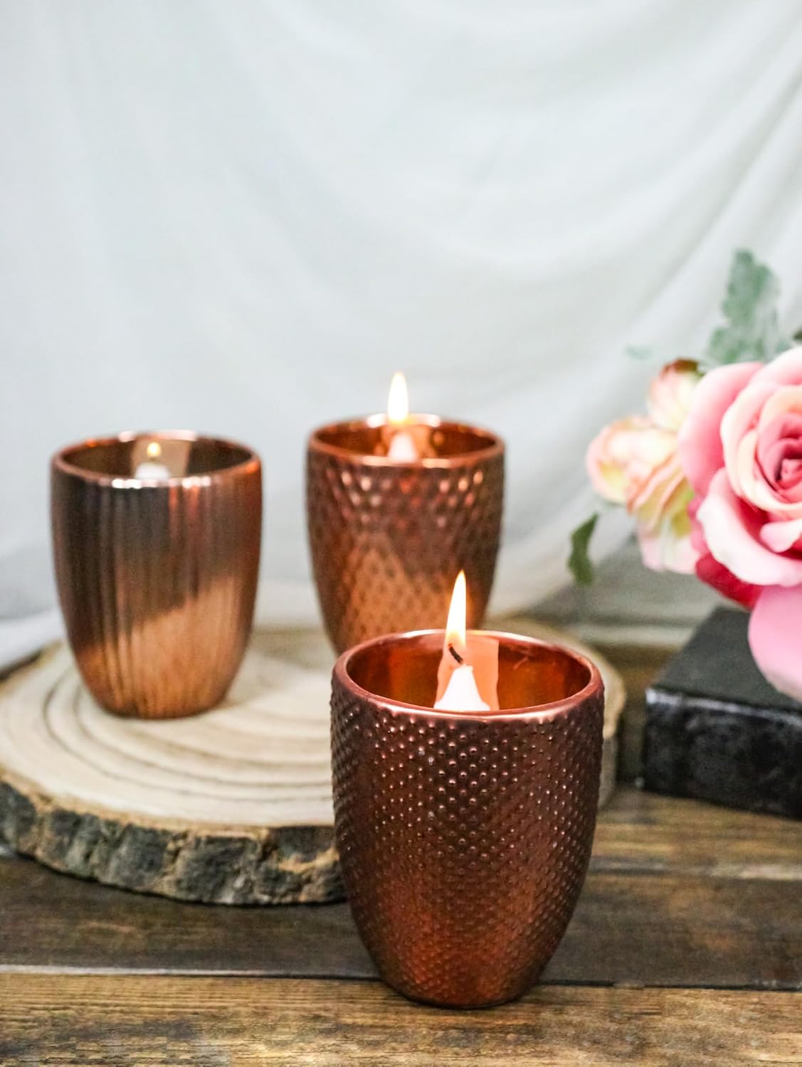 Ebros Gift Set of 3 Modern Chic Boutique Hammered Look Copper Plated Ceramic Candleholder Candle Votive Holder Cups Or Stationery Holders