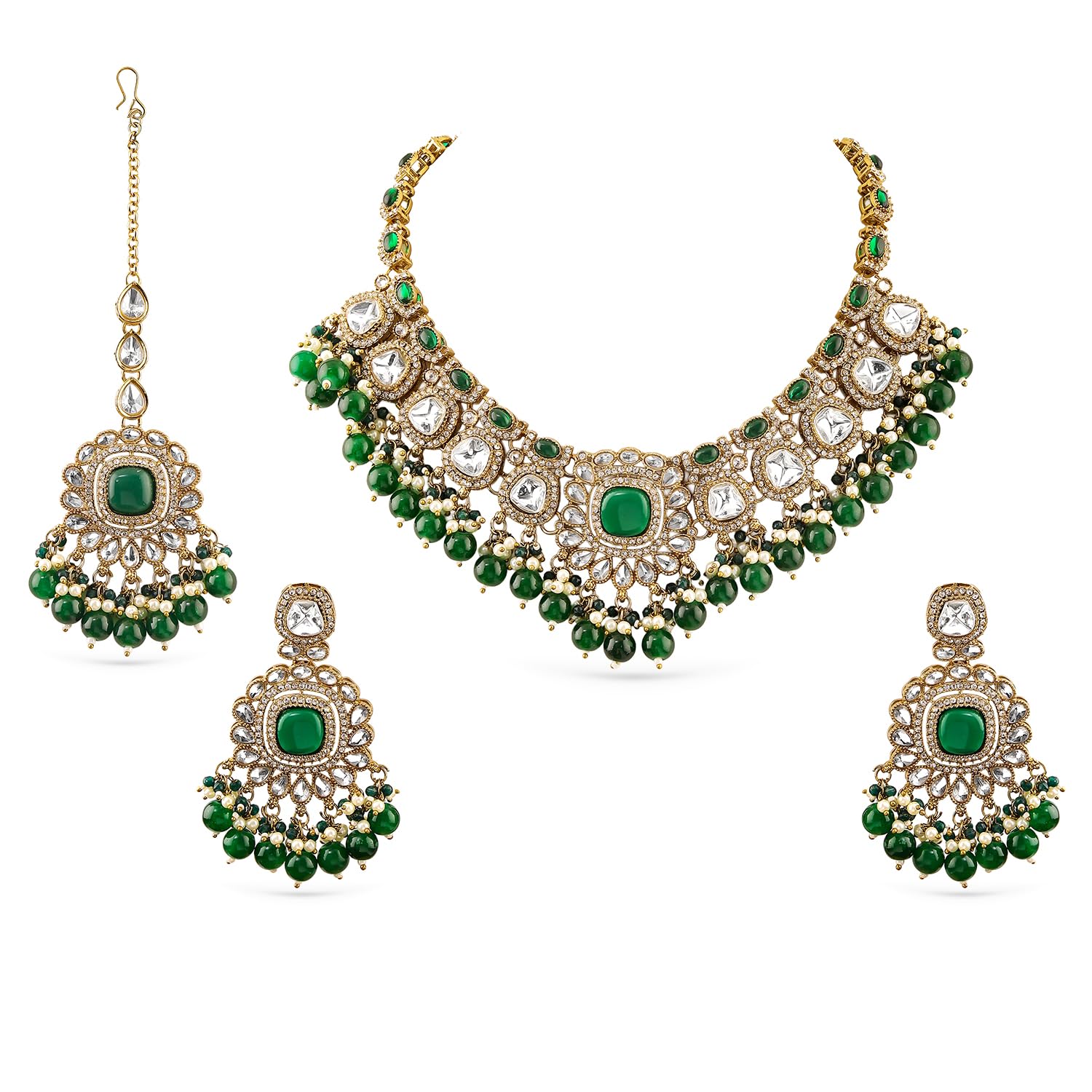 rubans Bridal Kundan Necklace Set Emerald Green Beaded Wedding Jewellery Gift for Women & Girls-picture-28