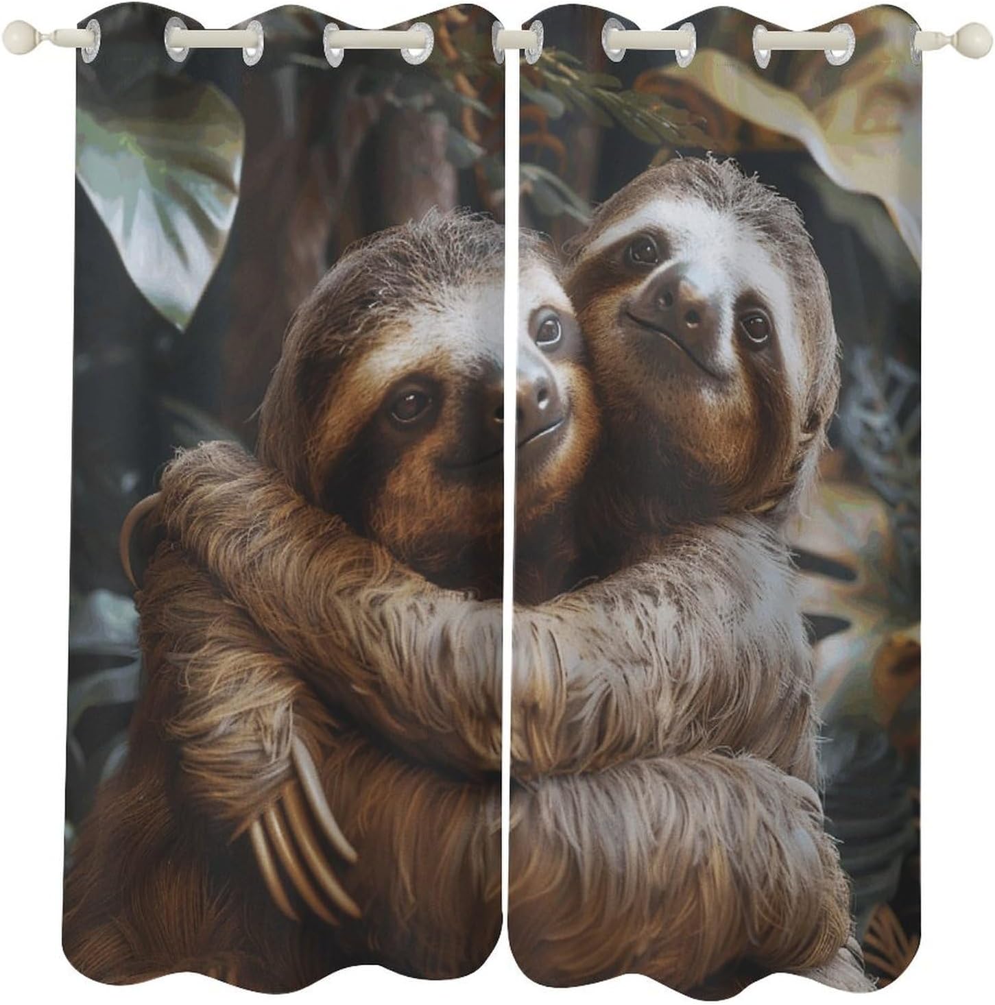 Two Sloths Hugging Printed Perforated Curtains, Insulated Curtains for Winter, Thermal Drapes are Suitable for Most Windows, Balconies
