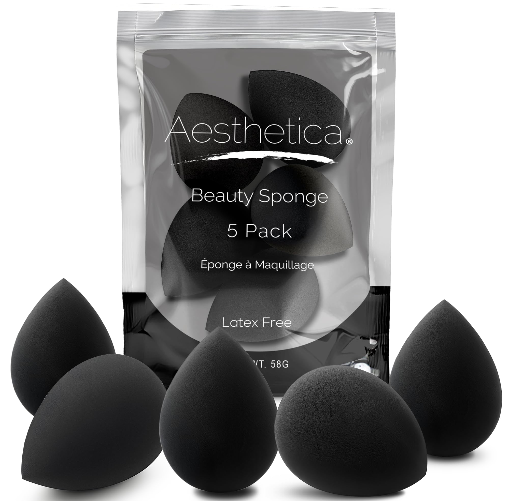 Aesthetica Cosmetics Beauty Sponge Blender - Latex Free and Vegan Makeup Sponge Blender - For Powder, Cream or Liquid Application (5 Pack) 1 Count (Pack of 5)