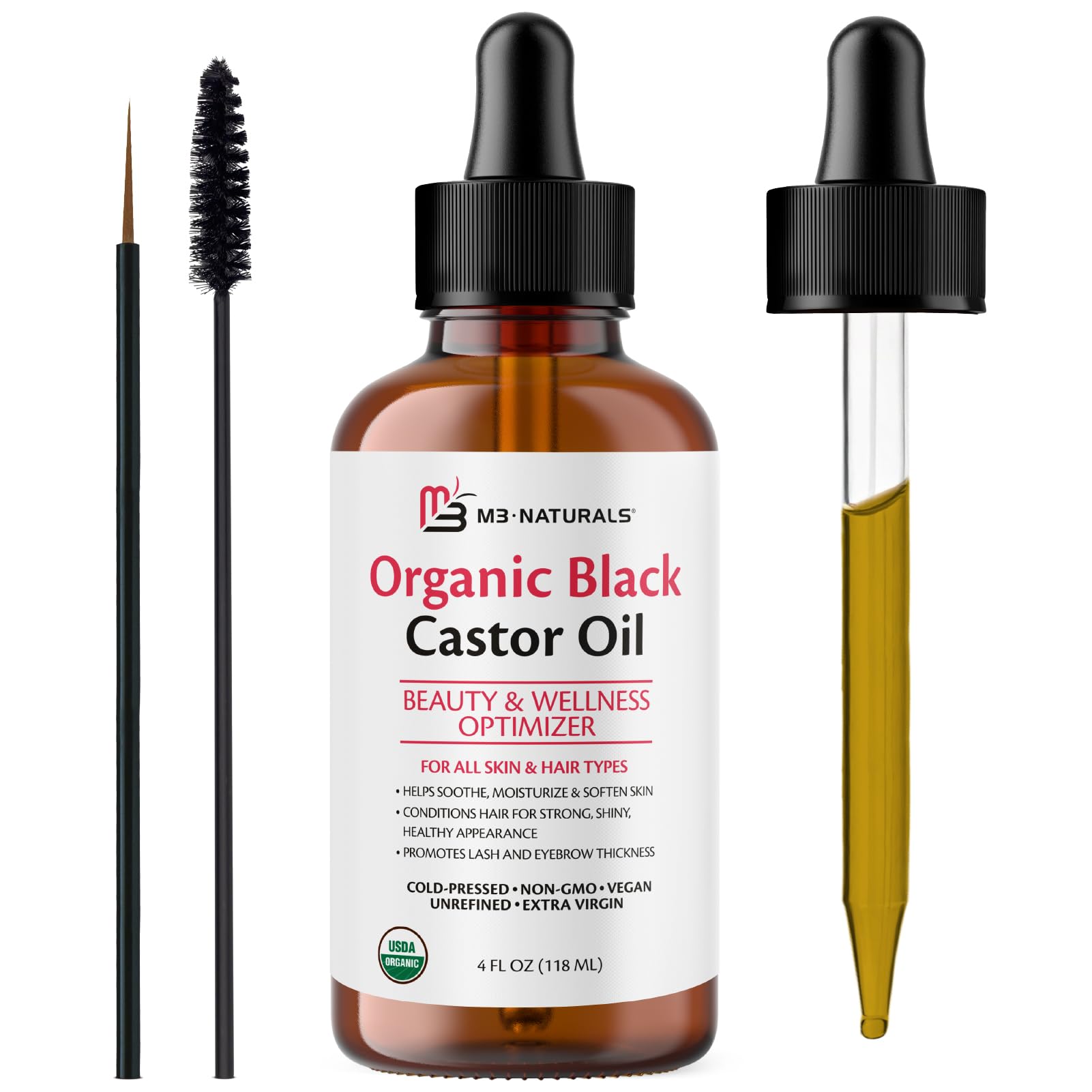 M3 Naturals Organic Black Castor Oil with dropper and brush