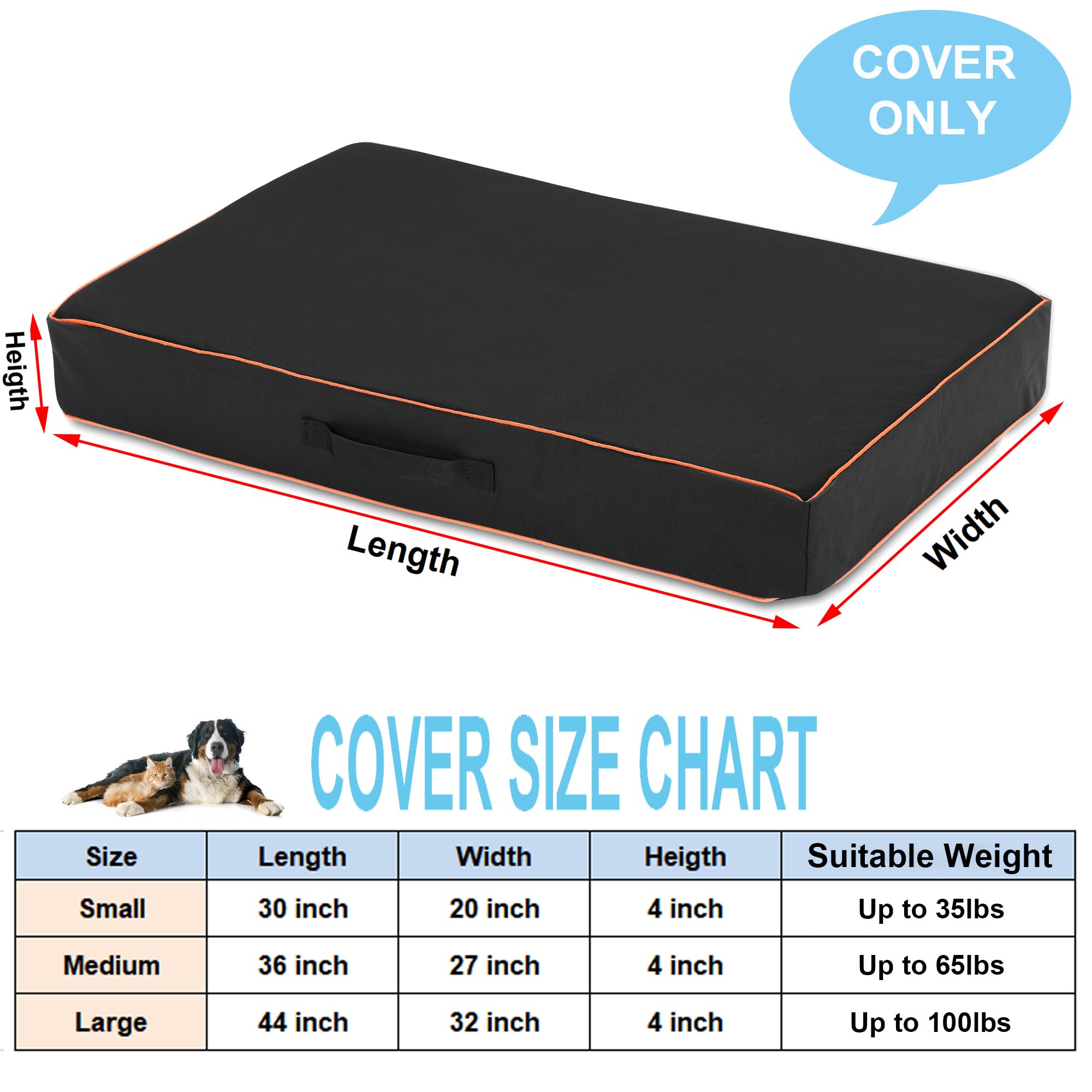 Leberna Funda impermeable para cama de perro, lavable, resistente, duradera, Oxford, universal, funda protectora de repuesto para cama de perro (negro, grande (44 pulgadas de largo x 32 pulgadas de