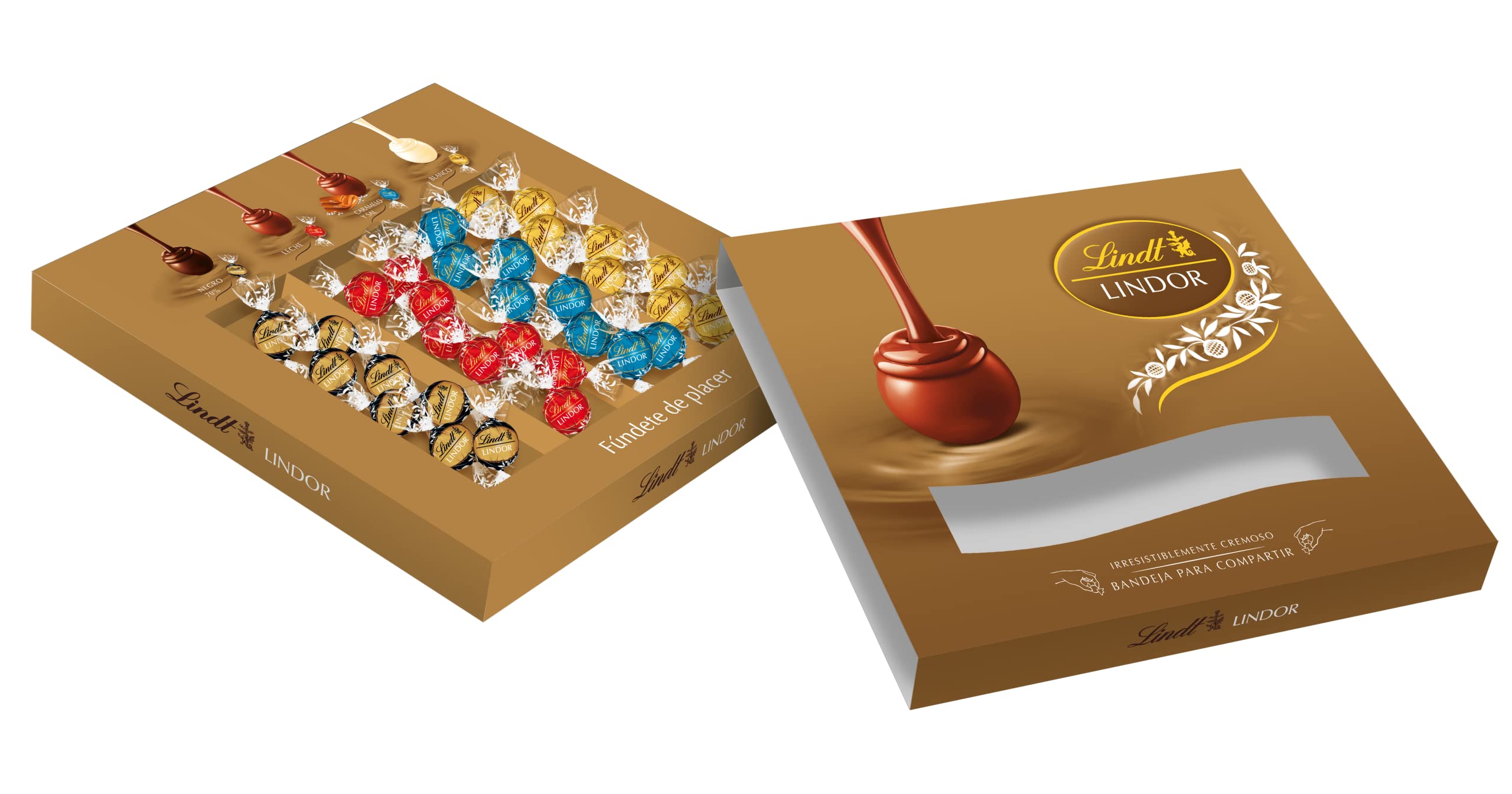 Lindt LINDOR sharing box, Surtido de bombones de distintos sabores, chocolate con leche cremoso, chocolate negro intenso, caramelo con sal y chocolate blanco, con nucleo cremoso, 400gr