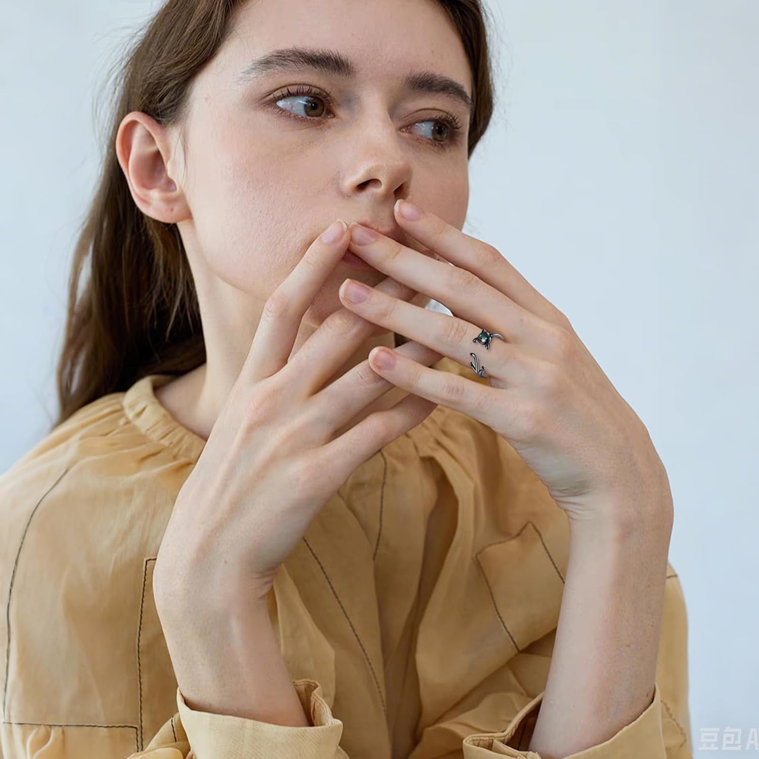 VONALA 925 Sterling Silver Gold Plated/Black Cat Ring for Women Men Open Ring suit 6-8#