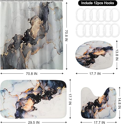 Miniatura 2 de yuuzue Juego de 4 cortinas de ducha, juego de baño con cortina de ducha y tapetes, juego de accesorios de baño con 12 ganchos, juego de decoración