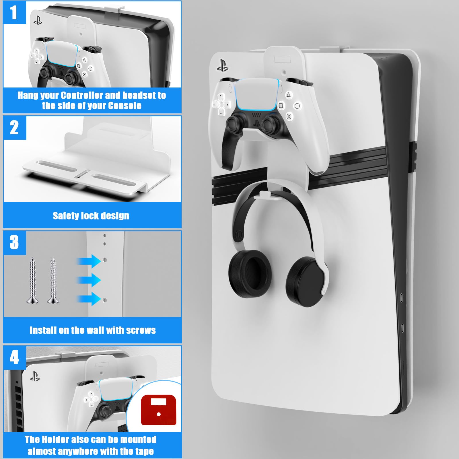 Supporto da parete per PS5 Slim, staffa da parete per PlayStation 5 Slim Staffa per montaggio a parete per PlayStation 5 Slim in acciaio robusto con Supporto per cuffie del controller (Bianco)
