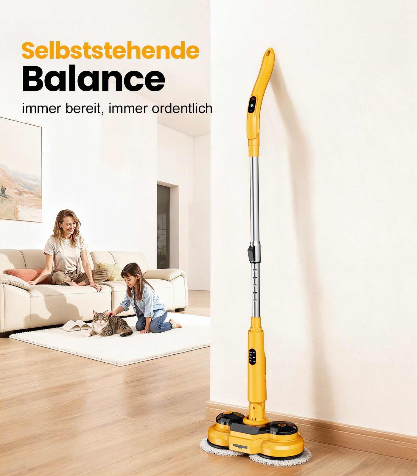 Qimedo Elektrischer Wischmopp 5000mAh, 800 U/min Kabellos Bodenwischer Elektrisch Mopp Rotierender Akku-Vibrationsmopp für Bodenreinigung mit Smart-Display, LED-Licht und Wassersprühfunktion