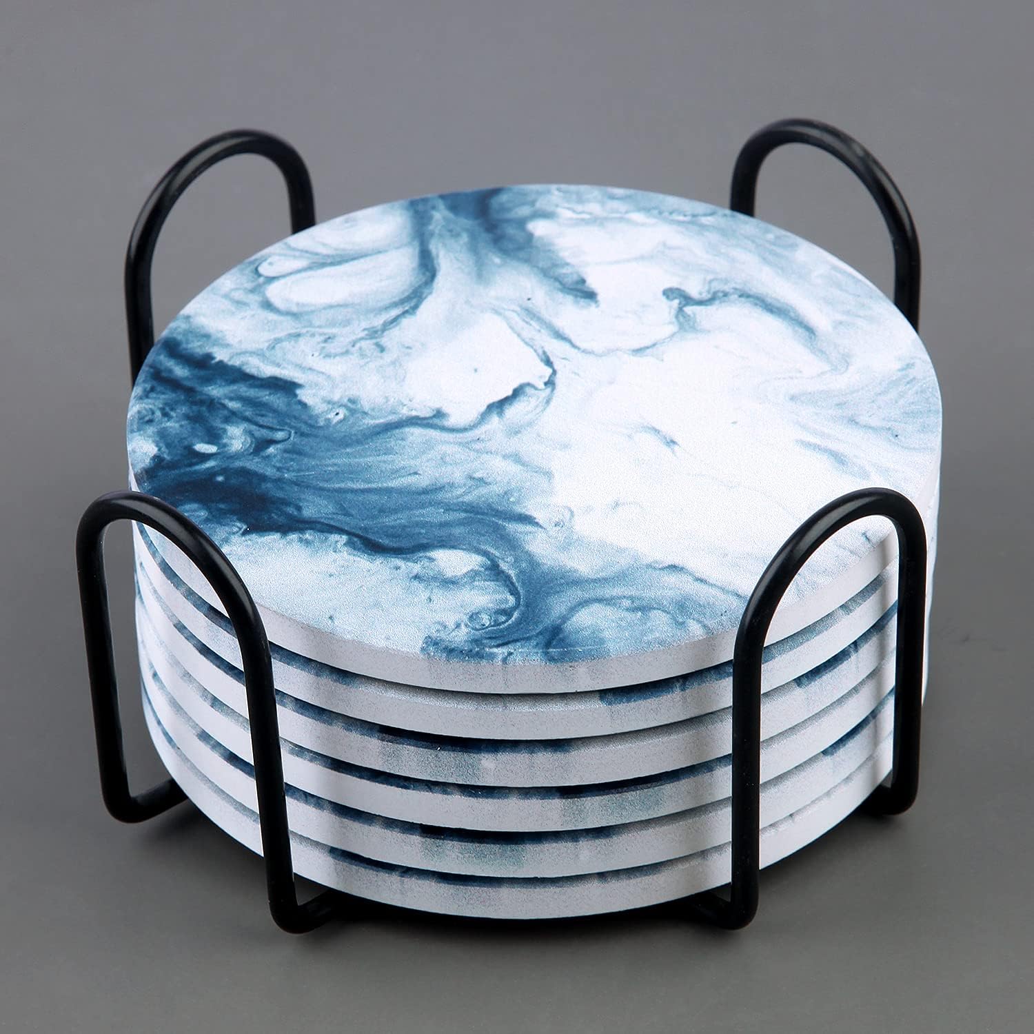 Blue Coasters for Drinks Marble Style,Absorbent Ceramic Coaster with Metal Holder Stand,House Warming Gifts Decor Set of 6 with Cork Base for Wooden Table - Image 5