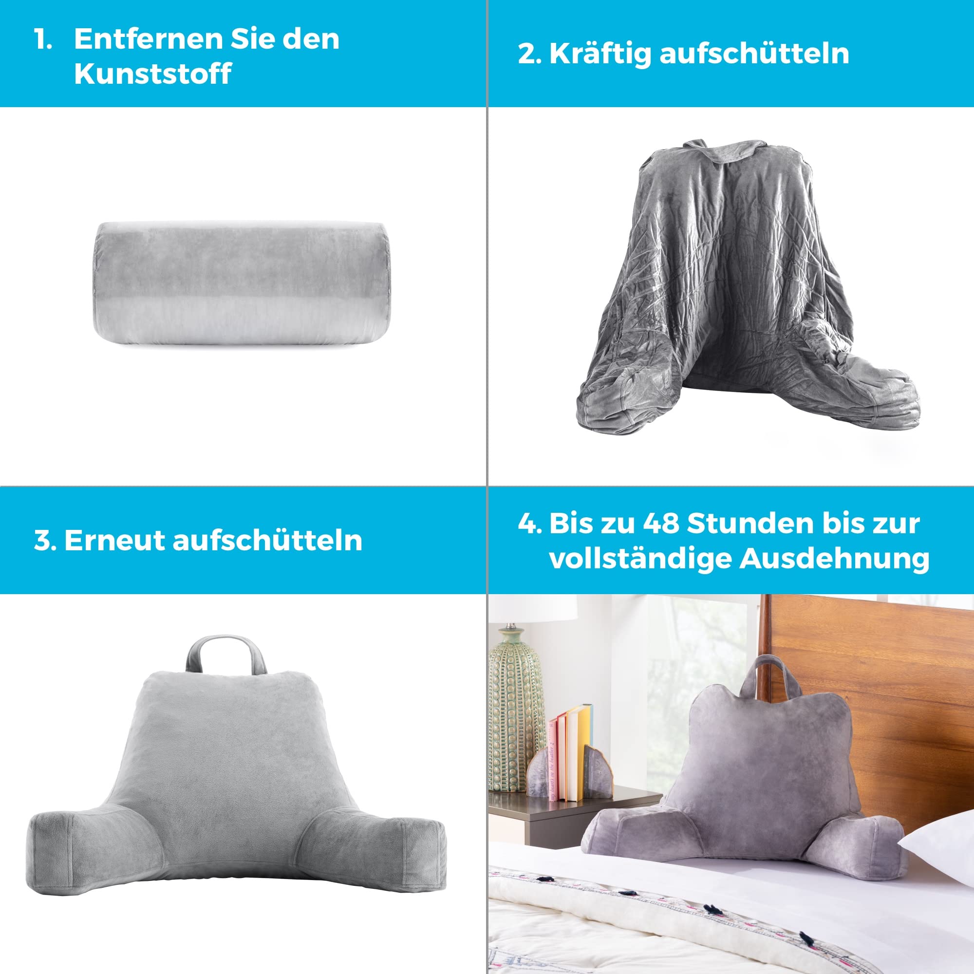 Linenspa Rückenkissen aus zerkleinertem Memory Foam – Lesekissen perfekt zur Rückenstützung beim Entspannen – weicher Velours-Bezug, Grau