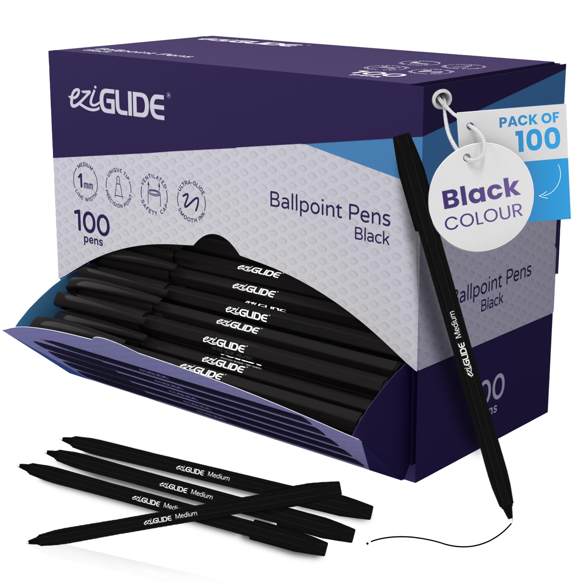 Ballpoint Pens Black Ink 100-Pack – Medium Point (1.0mm) for Ultra-Smooth Writing & Consistent Ink Flow – Ideal for School, Exams, Home, Office & Work Stationery Supplies