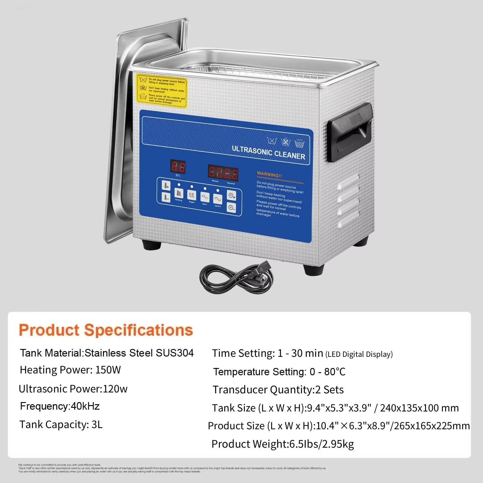 Nettoyeur à ultrasons industriel, chauffage 0-80 ℃ et minuterie numérique 1-30 minutes, acier inoxydable avec transducteur, adapté aux circuits imprimés matériels(3.2L)