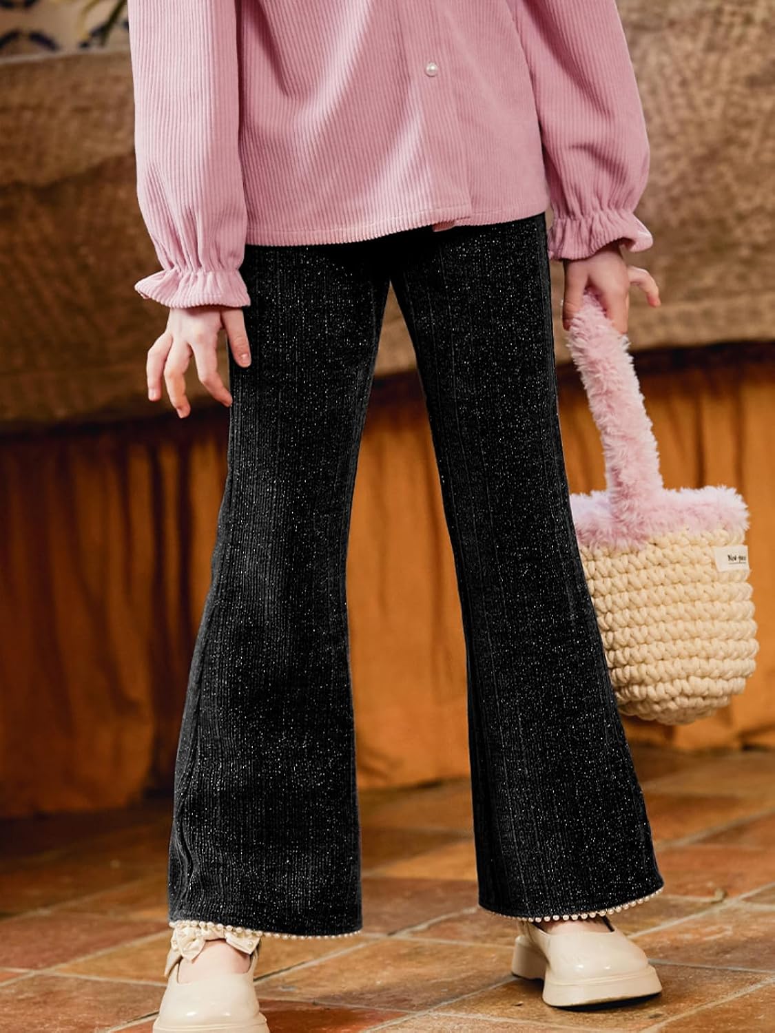Rolanko Girls Wide Leg Velvet Pants Dressy Palazzo Pant for Girls Corduroy Pant with Pearls for Christmas Holiday Party 5-12Y