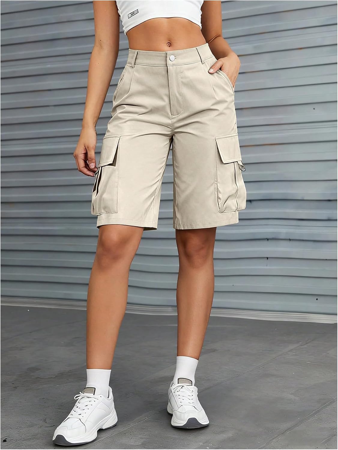 GORGLITTER Women's Cargo Shorts Summer Elastic High Waisted Straight Wide Leg Baggy Bermuda Shorts with Pockets
