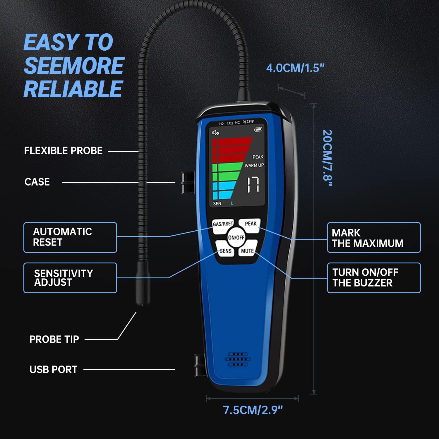 Refrigerant Leak Detector Wale&Morn LD200,Freon Leak Detector with Rechargeable Battery,Refrigerant Gas Leak Detector for HVAC R22 R410A R134A R290 R600A R1234yf SF6 CFCs HCFCs HFCs HC HFO