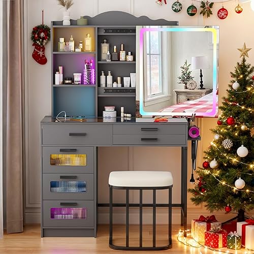 Miniatura 13 de Gurexl Escritorio RGB con espejo deslizante y luces LED, 7 dinámicos y 24 estáticos regulables con parte superior de cristal, tocador con estación