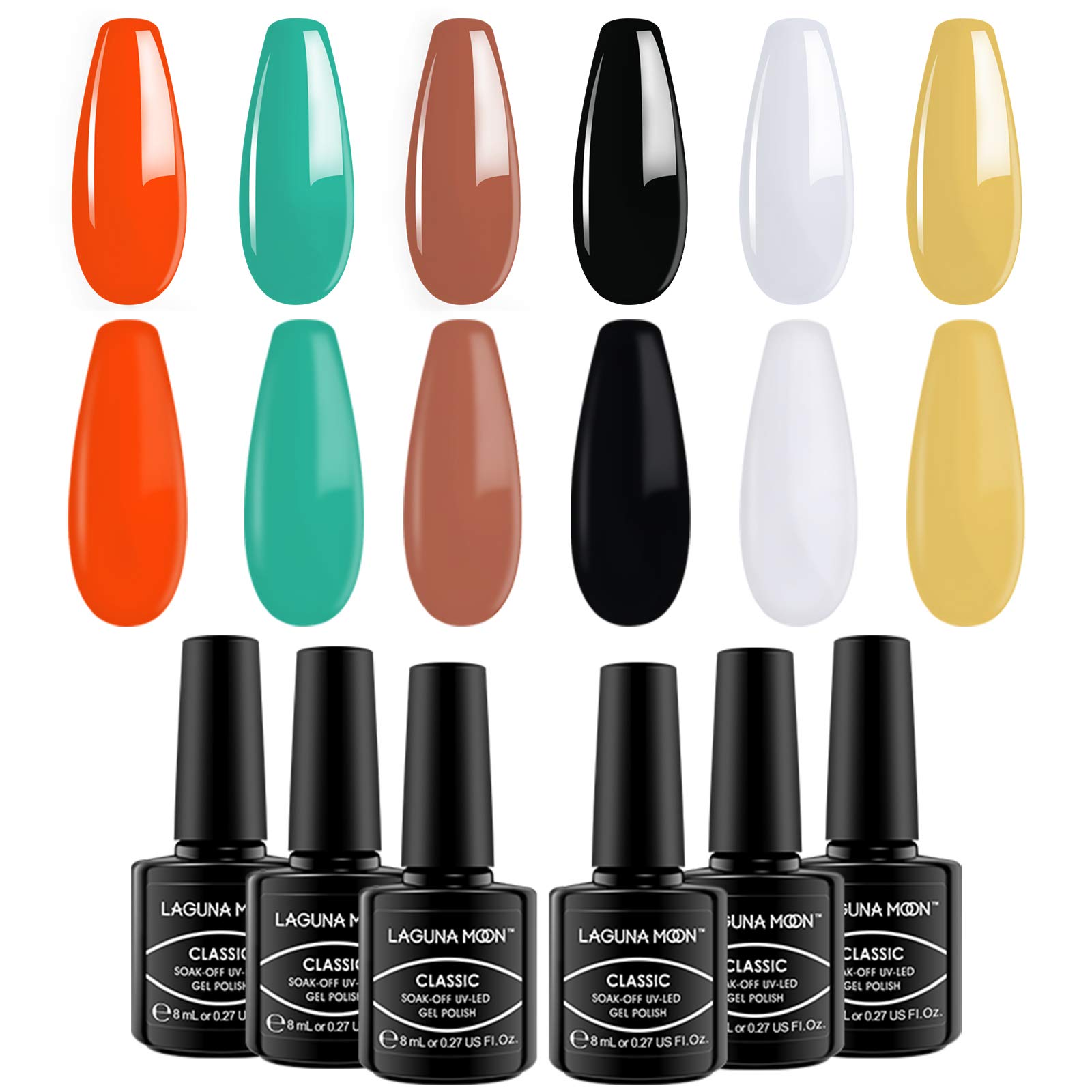 LagunaMoon Gel Nail Polish Set - 6 Colours Black White Orange Teal Yellow Brown High-Shine Kit Nail Gel Polish for Salon Quality DIY Nails - UV LED Soak Off Lacquer Kit Varnish Manicure & Pedicure
