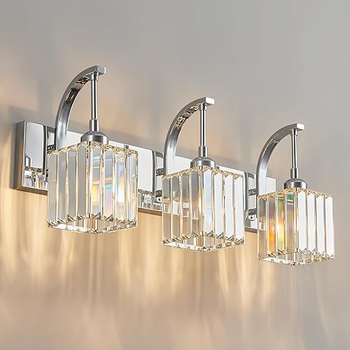 Miniatura 54 de Luces de tocador de cristal cromadas de 4 luces, modernas lámparas de baño de cristal sobre espejo de 32.67 pulgadas de largo para baño Cromo