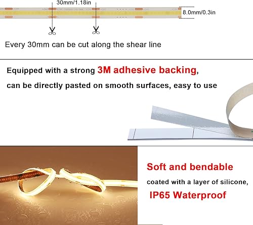 Miniatura 3 de Tira de luz LED COB de 24 V, 32.8 pies, blanco cálido brillante, 3000 K, impermeable, IP65 CRI90, autoadhesivo, uniforme, sin puntos, 384 LEDsM,