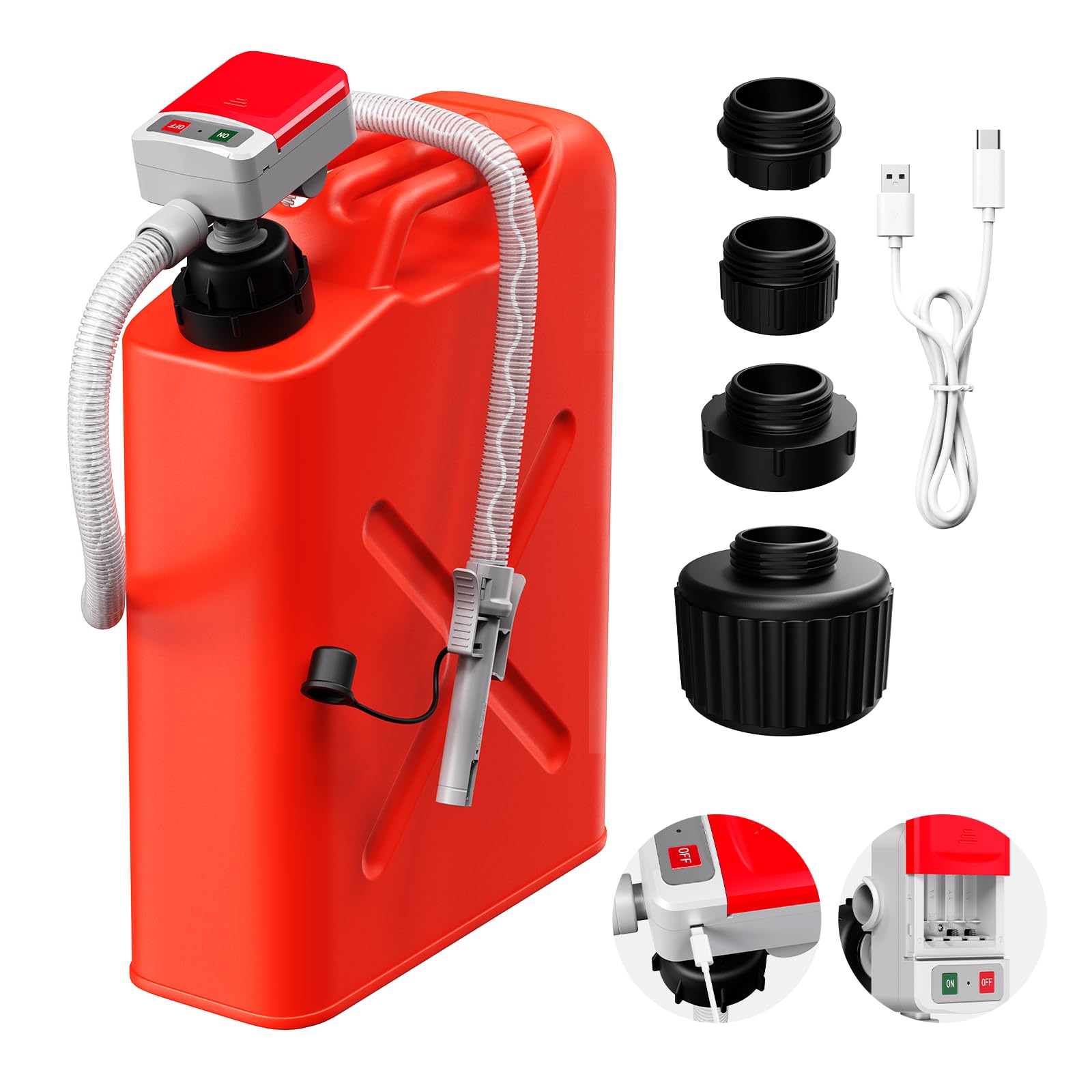 Pompe Électrique pour Carburant avec Stop Automatique - Essence, Gaz, Diesel, USB pompe électrique à essence avec 4 tailles d'adaptateurs et tuyau
