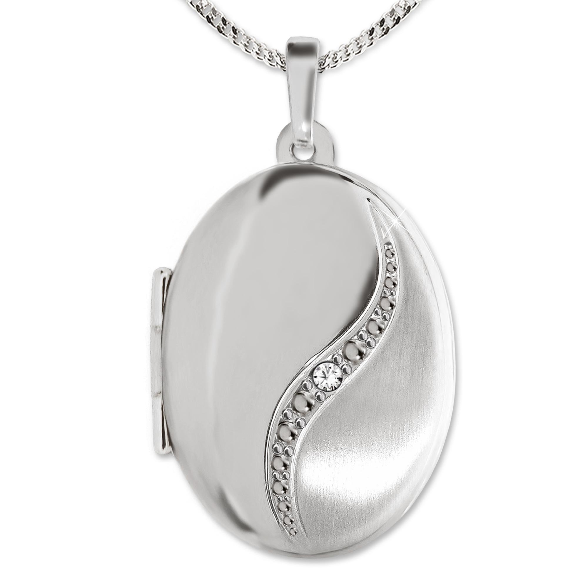 CLEVER SCHMUCKSterling Silver Oval Locket Necklace with Zirconia and Curb Chain, 45 cm, Women's Adult Fashion Jewellery