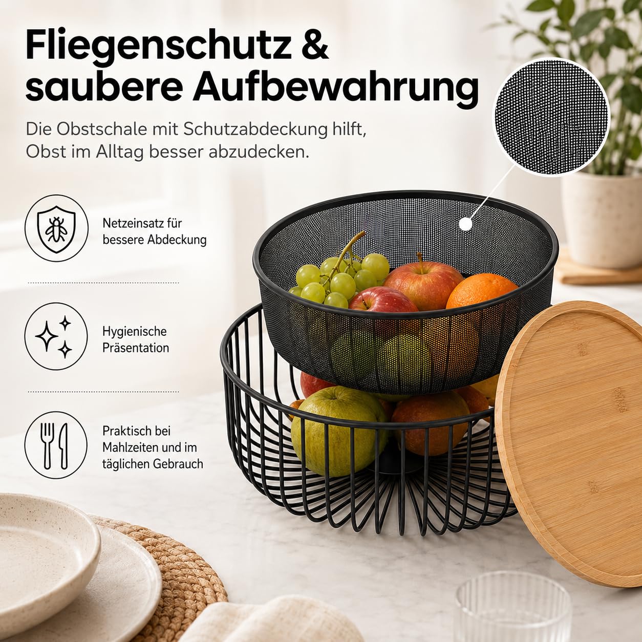 Pealeaf Obstkorb mit Deckel, Metall Obstschale mit Fliegenschutz, Obstkorb aus Drahtgeflecht mit Netzdeckel, Obst- und Gemüsehalter für Küche Arbeitsplatte Aufbewahrung (1PCS-Black)