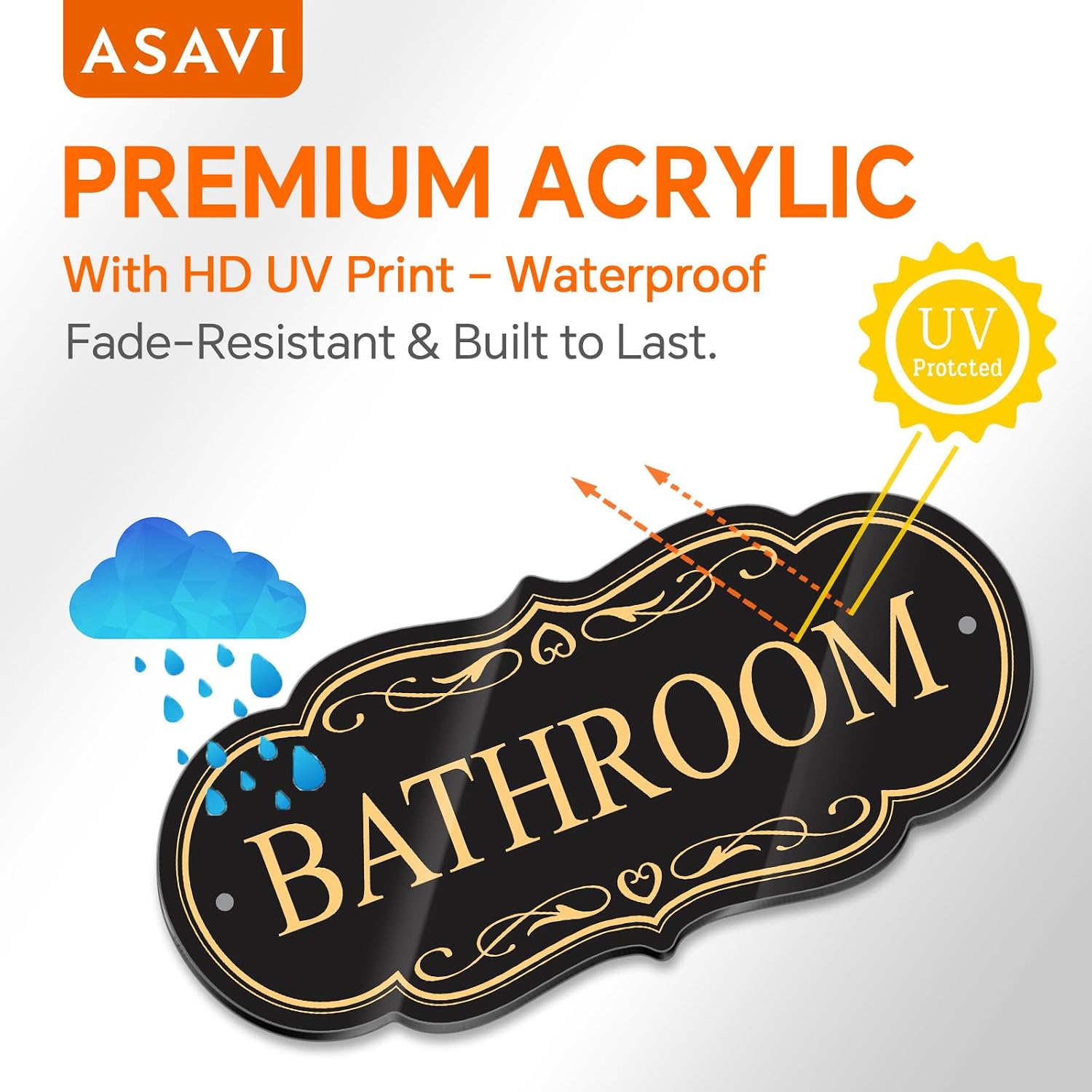 Bathroom Sign – 8x3.5 Inch Premium Acrylic Door Sign, Waterproof and Durable, Self-Adhesive Backing with Pre-Drilled Holes, Black/Gold/White, for Home, Office, Commercial Use (Black gold) image 3