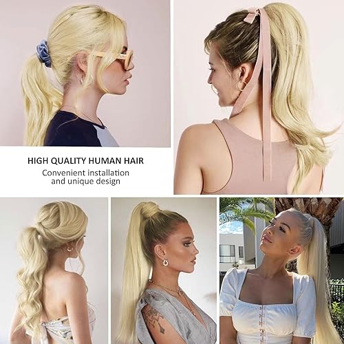 Miniatura 7 de Caliee Extensión de cola de caballo larga, cabello real, 22 pulgadas, rubio platino 60A, extensiones de cabello humano suave y sedoso con clip