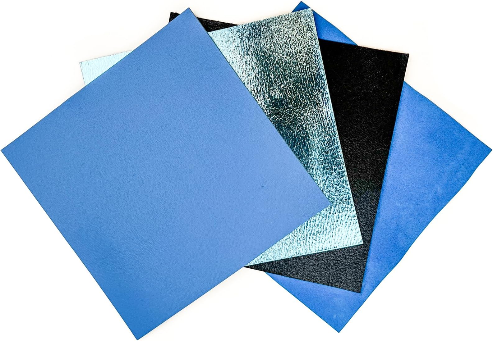 Blue Leather Fabric for Crafts: 4 Sheepskin Sheets of Blue with Silver Leather Hides 5x5In/12x12cm