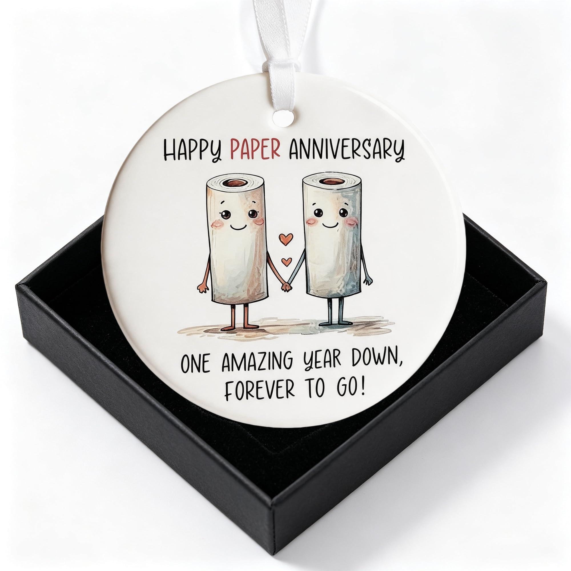 1 White Round Ceramic Keepsake Ornament for 1st Paper Anniversary