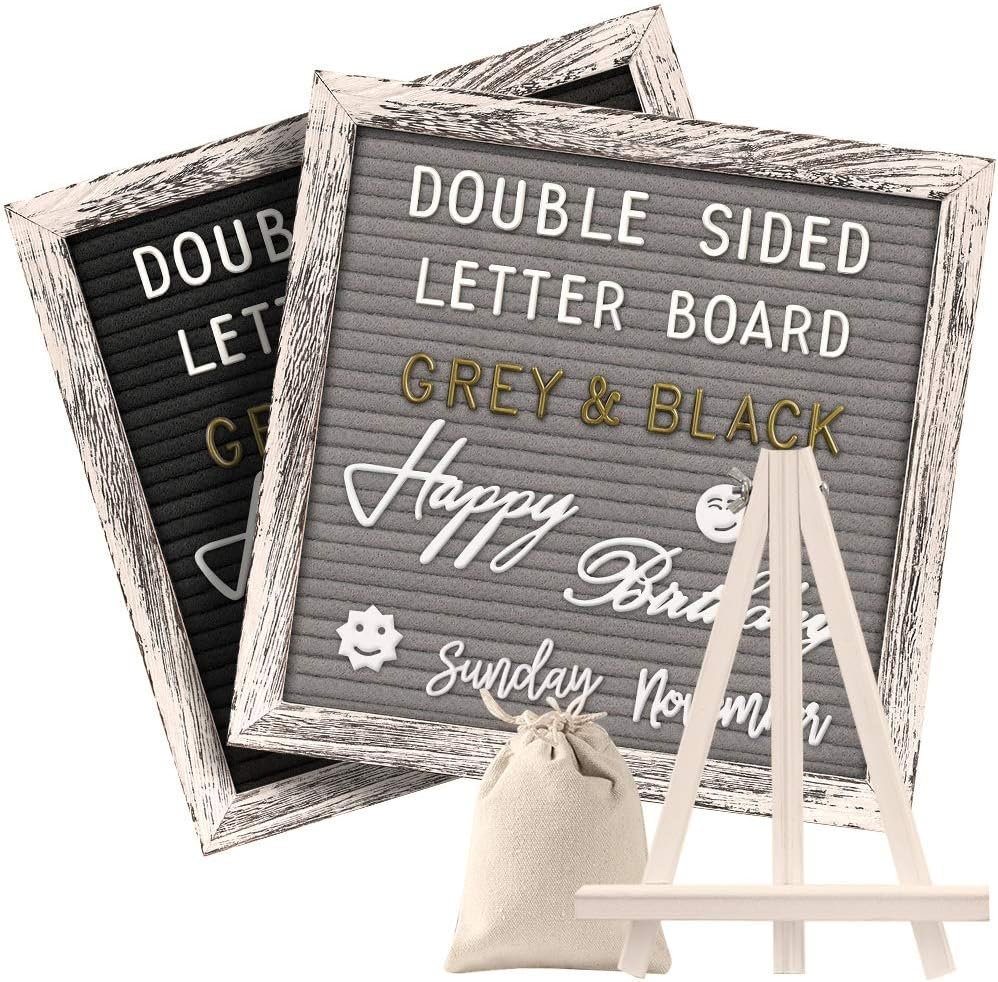 Double Sided Rustic Felt Letter Board with 10x10in Vintage Wood Frame,750 Precut Letters,Months & Days & Script Cursive Words,Farmhouse Message Board Shabby Wall Decor BlackGray Brown Easel