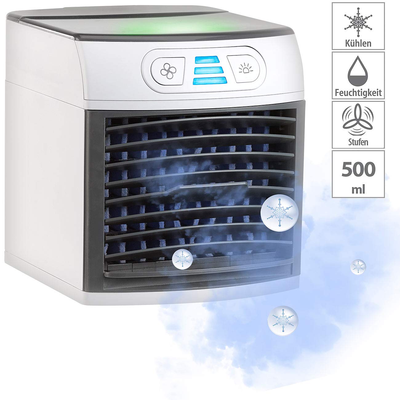 Sichler Haushaltsgeräte Klimawürfel: 2in1-Tisch-Luftkühler und -Luftbefeuchter, Ultraschall-Vernebler, LEDs (Mini Klimagerät, Mini Klimaanlage, Eis)
