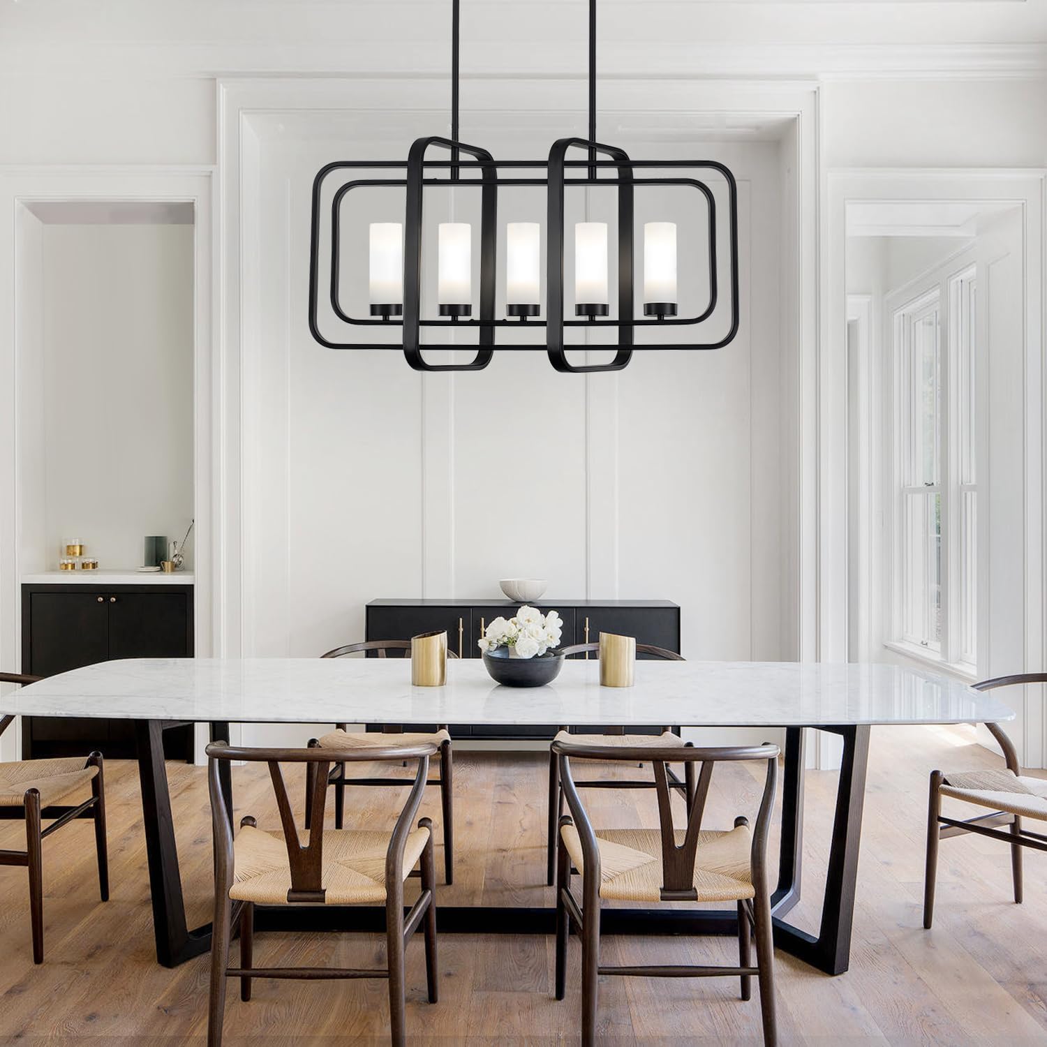TOULMJ 5-Light Kitchen Island Lights, 31.49'' Modern Large Black Chandelier Dining Room Light Fixture Industrial Rectangle Chandelier with Frosted Glass