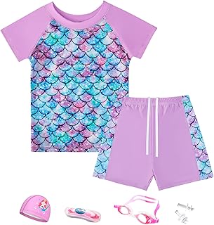 SlowTon Girls Short Sleeve Swimsuit, 4 Piece Rash Guard Set Short Sleeve Bathing Suit with Swimming Cap and Goggle, Summer...