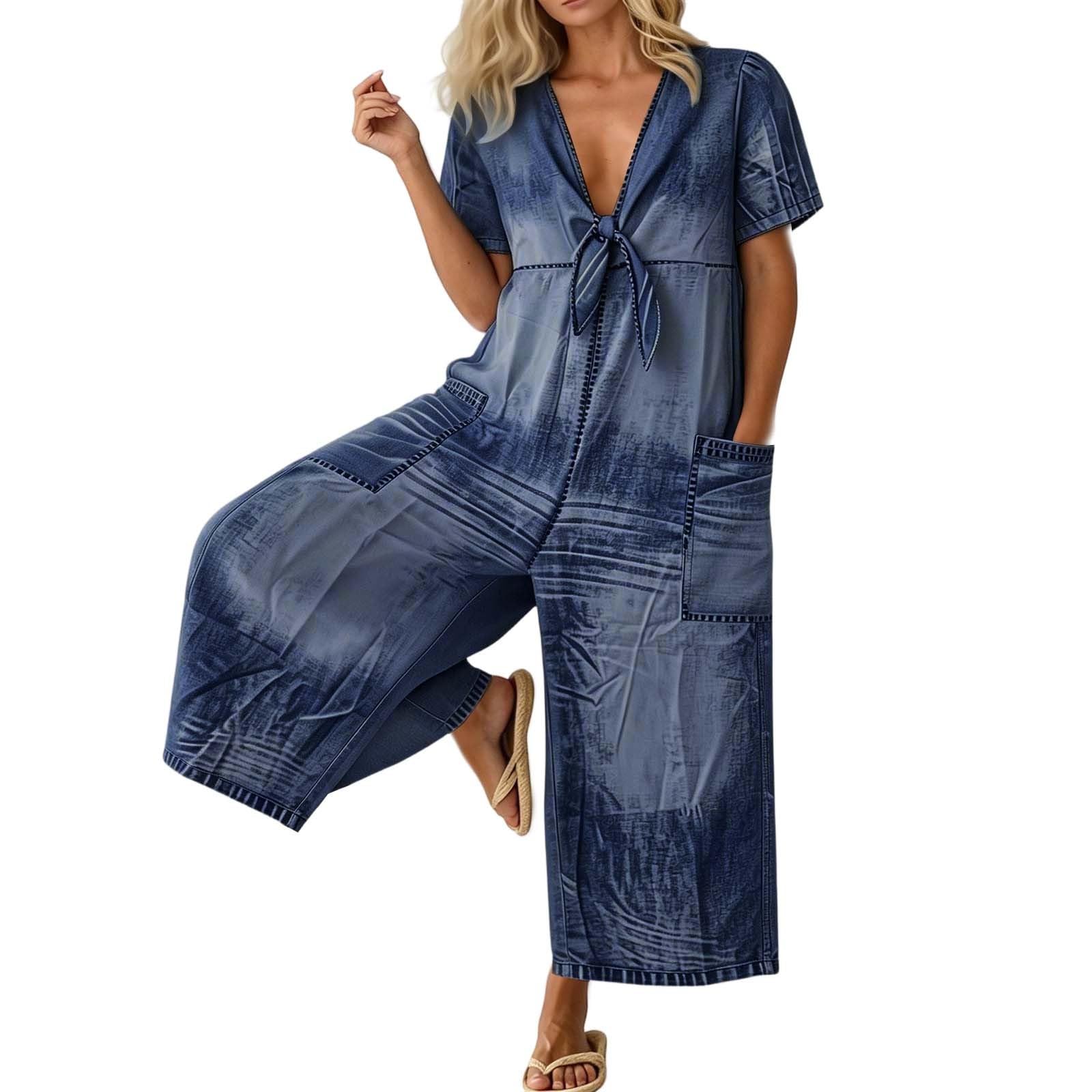 Generisch Jeans Jumpsuit Damen Sommer Kurzarm mit Puffärmeln, V-Ausschnitt, Bindeband vorne, weitem Bein, mit Multi Taschen, für Sommer, Freizeit und Urlaub