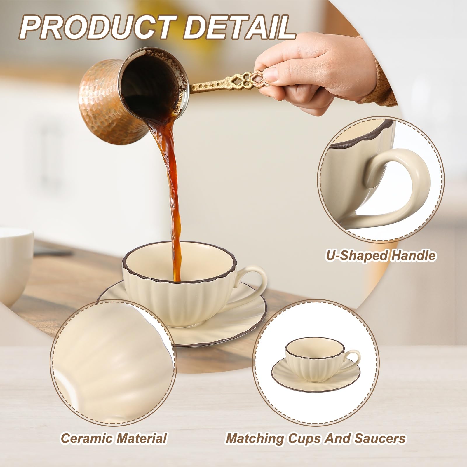 QUARKZMAN Tazas De Espresso Vintage Hechas A Mano Taza De Té Cerámica Beige | Tazas De Café Y Platillos De 8 Oz, Con Asa, Seguras Para Lavavajillas Y Microondas, Para Latte, Hogar, Regalos